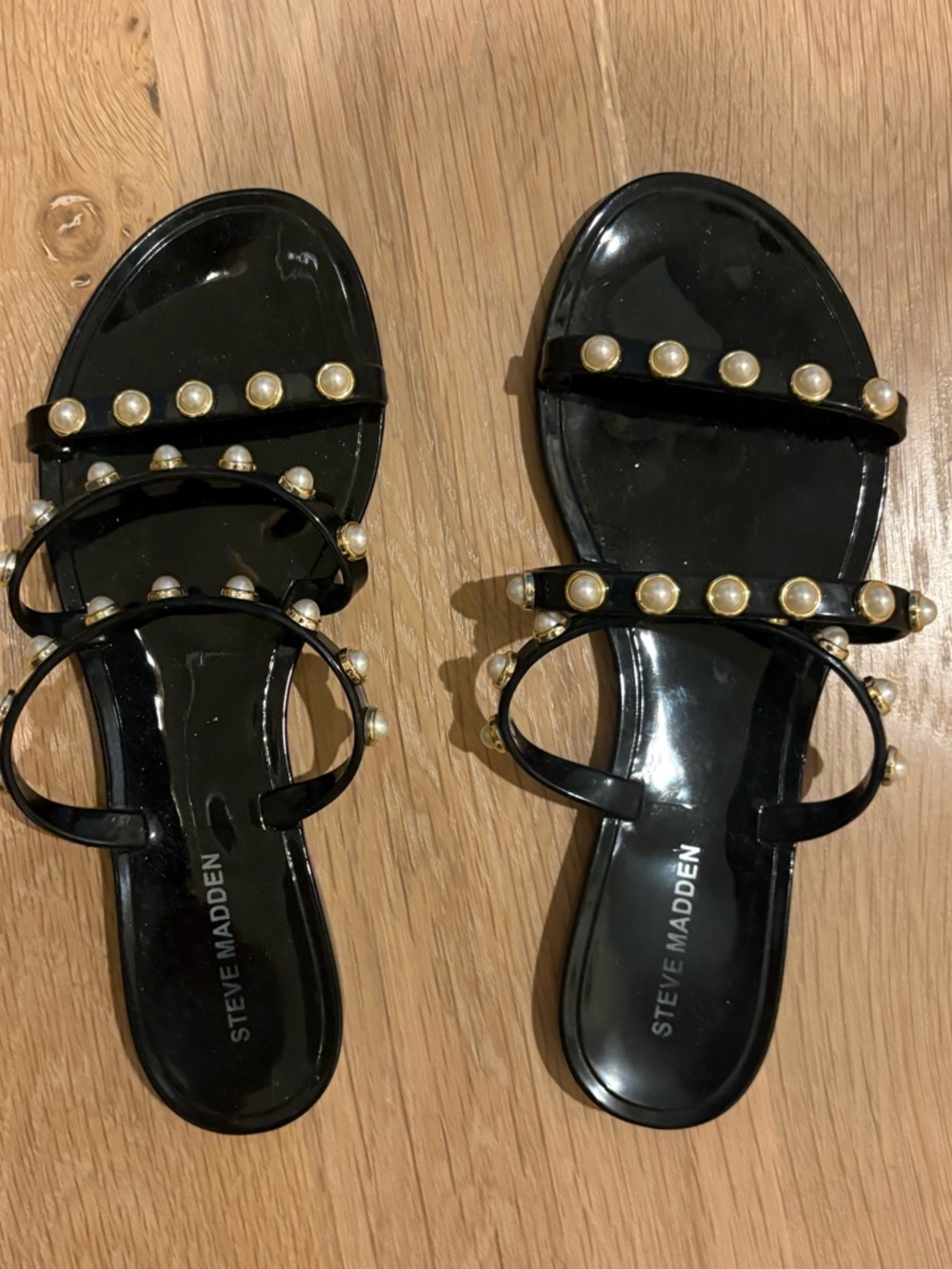 Steve Madden Black Pearl-Studded Triple-Strap Slide Sandals